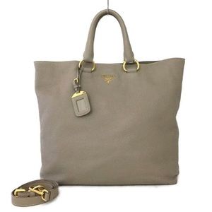 Prada Shoulder Bag Logo Plate Beige Leather 2way